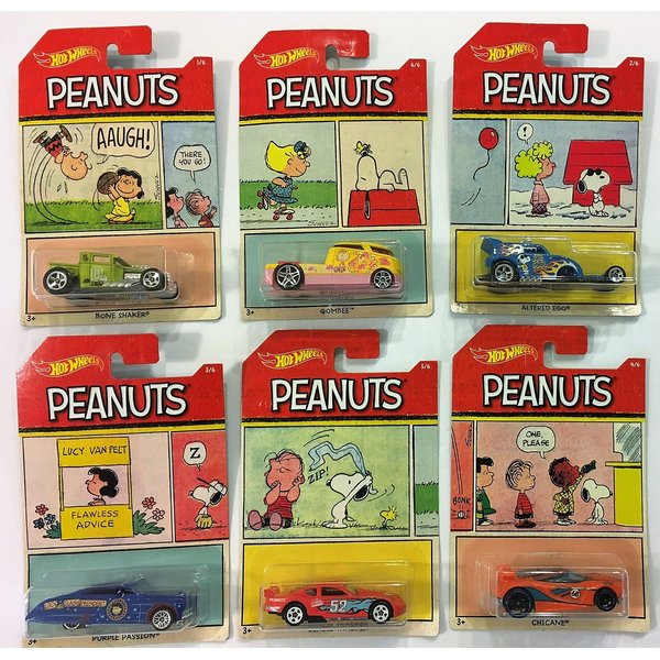 2017 Hot Wheels PEANUTS Complete Set Of 6 : CHARLIE BROWN (Bone Shaker), SNOOPY (Altred Ego), LUCY (Purple Passion), FRANKLIN (Chicane), LINUS (Circle Tracker), SALLY (Qombee)