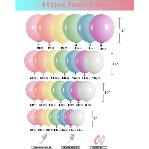 412pcs Pastel Balloon Garland Arch Kit 18 12 10 5 Inch Different Sizes Macaron Assorted Colors Balloon Latex Colorful Balloons for Baby Shower Girls Birthday Wedding Easter Rainbow Party Decoration