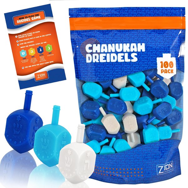Zion Judaica Hanukkah Dreidels Multi Blue, White Medium Size Dridels Bulk Plastic Drydlech Hebrew Letters and English Transliteration w/Traditional Chanukah Game Guide Ziplock Bag Hanukah Decorations