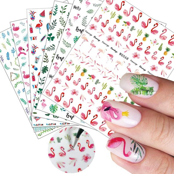 Flamingo Nail Art Stickers Decals Nail Art Supplies 3D Self-Adhesive Flamingo Leaves Nail Stickers Designs for Women Girls Manicure DIY Tip Nail Art Decorations Accessions