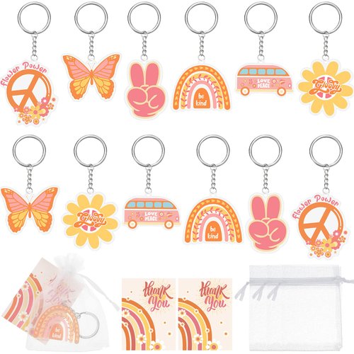 12 Sets Boho Groovy Party Favors with Boho Keychains Boho Birthday Tags Decoration Thank You Tags and Organza Bags for Bohemian Themed Birthday Party Baby Shower Wedding Party Decoration Supplies