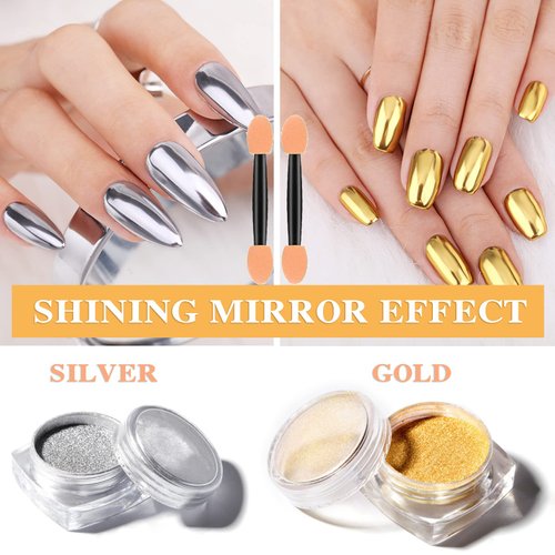 2 Pcs Gold Silver Chrome Nail Powder,Nail Art Mirror Glitter Effect Highly Pigmented Dust Metallic Holographic Mirror Nail Art Makeup Powders Chrome with Sponge Applicators