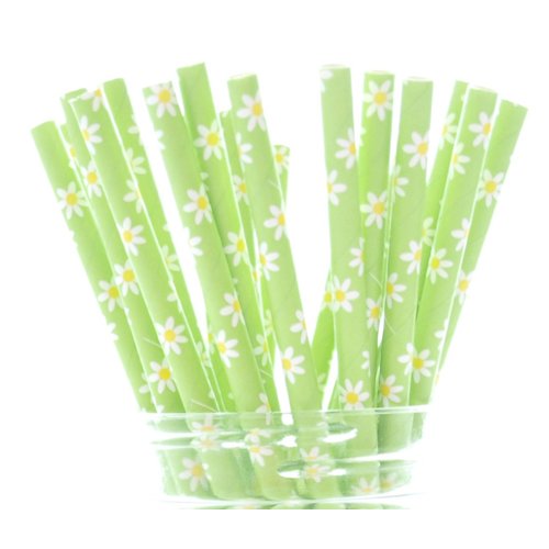 Food With Fashion Green Daisy Flowers Straws - Paper Straws for Drinking, Disposable Straws, Green Floral Wedding Straws, Garden Party Straws, 25 Pack