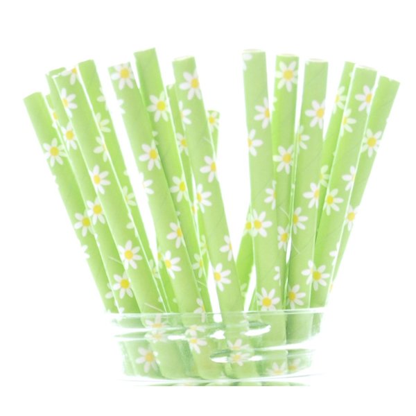 Food With Fashion Green Daisy Flowers Straws - Paper Straws for Drinking, Disposable Straws, Green Floral Wedding Straws, Garden Party Straws, 25 Pack