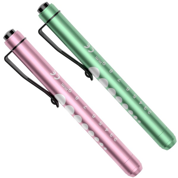 RISEMART Pen Lights for Nurses, 2Pack Reusable Medical Pen Light with Pupil Gauge and Ruler, White Light LED Penlight for Nurse Student Doctors EMT (Pink/Green)