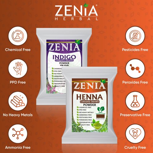 Zenia 100% Pure Indigo Powder and Henna Powder Hair Color Combo Kit | for Coloring Hair and Beard Black | 100 Grams Each | All Natural, Chemical Free, PPD-free, Ammonia-free