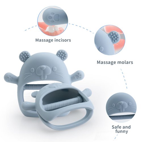 Vbglmya Silicone Baby Teether 6-12 Months,Infant Teether Easy to Hold Teething Rings for Babies 0-6 Months Teething Relief Toys for Baby,Groundhog Gloves Teether Dusty Blue