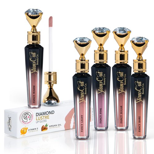 StansOut Diamond Lustre Lip Gloss Bundle - 5 Pack - Fancy Warm, Light, Pink, Sugar, Bare - Vitamin E & Argan Oil Infused - Long-Lasting Lustrous Shine - Hydrating Formula - Portable Elegance