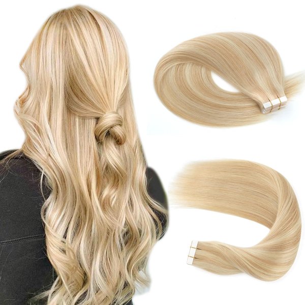 Sassina Semi-permanent Real Tape in Human Hair Extensions 50g 20pcs with Invisable Reusable Tape Highlighted Dirty Blonde Mixed Bleach Blonde #P18/613 20 Inch