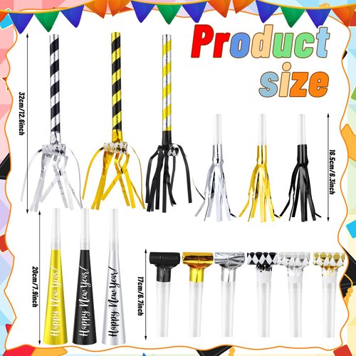Poen 150 Pieces 2025 New Year's Eve Party Favors Glitter Party Noise Maker 30 Blowers 30 Horns 30 Noisemakers 30 Musical Whistle Blowers 30 Fringed Metal Blowouts for Christmas New Years Party Favor