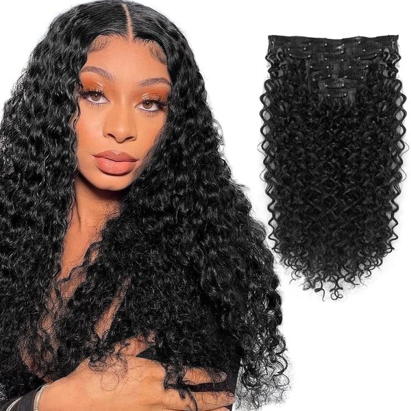 Allyreetress Black Kinky Curly Clips in Hair Extensions for Women 7 Pieces Set Deep Water Wave Clips in Synthetic 16 Inch