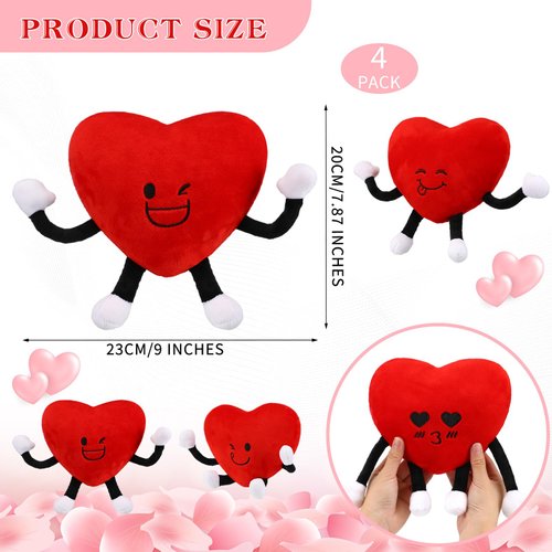Syhood 4 Pcs Heart Stuffed Plush for Valentine's Day Gifts Plush Figure Toys Red Heart Stuffed Toys Red Heart Pillow for Boys Girls Party Favors Classroom Prizes Birthday Gift(Red)