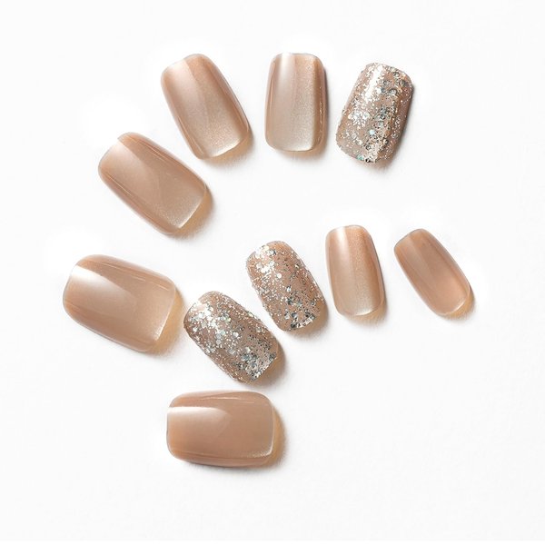 ClawArts Medium Square Champagne Cat Eye Glitter Press On Nails with Jelly Gel Sticker, Sparkling Finish, No Liquid Glue or UV Light Required, Suitable for Office and Everyday Use