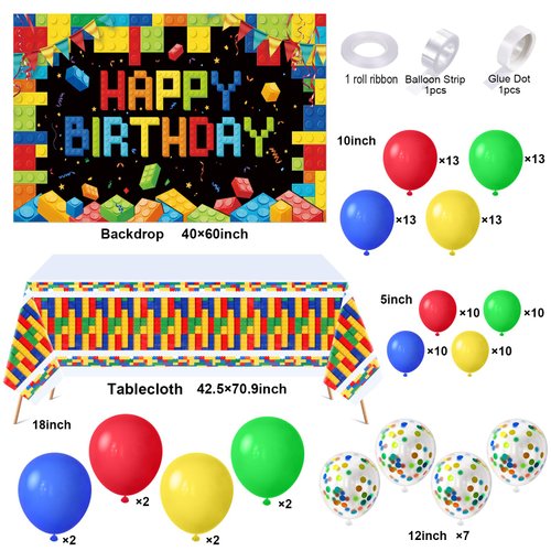 Golray 112pcs Building Block Birthday Party Decorations for Boys Kids Brick Balloon Arch Garland Kit 18'' Backdrop Tablecloth Colorful Confetti Happy Birthday Building Block Party Supplies