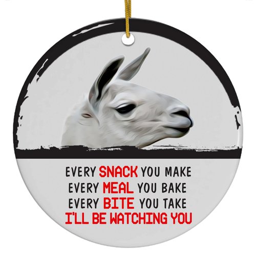 Funny Peeking Every Snack You Make Cream Llama Christmas Ornament - White Circle Ceramic Decoration - Keepsake Gifts for Llama Lovers
