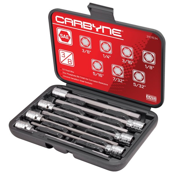 CARBYNE SAE Extra Long Hex (Allen) Bit Socket Set - 7 Pieces, (1/8 inch to 3/8 inch Sizes), 3/8" Drive, S2 Steel Bits, CrV Sockets • From a Family-Run Tool Company Based in the U.S.A.