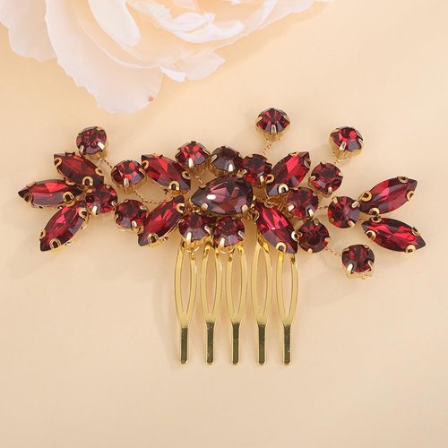 Rumtock Red Rhinestones Beads Gold Hair Comb for Wedding Brides Women Girls Sparkle Handmade Hair Jewelry Prom Banquet (Red)