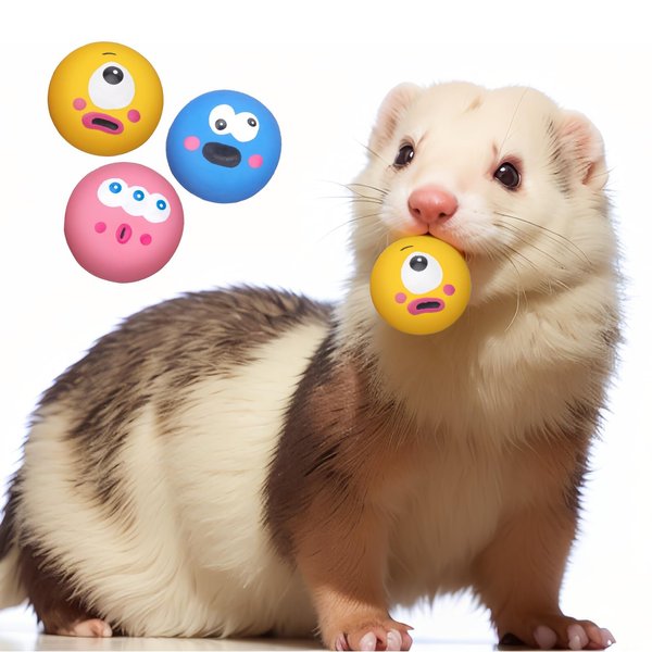 BESNEW Natural Rubber Squeaker Toys for Ferret,High Elasticity Ferret Latex Squeaker Balls 3 Pack,Tough Teething Toys Big Eyes Printed Toy Ball for Small Dogs,Easy to Clean