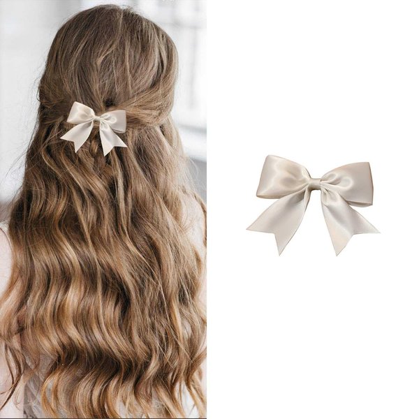 Aneneiceera Vintage Silk Bow Hair Clip Small Bow Hair Barrette Clip Tiny Tulle Hair Bow Clip French Bowknot Tail Clips Cute Bowknot Hair Accessories for Women and Girls Gifts (Beige)