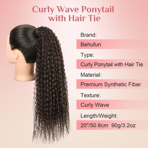 Ponytail Extension, Behufun Curly Ponytail Extension for Black Women, Lightweight Fluffy Fake Pony Tails Hair Extensions with Hair Tie, 20" 12 Strands Long Wrap Around Synthetic Hairpiece Black Brown