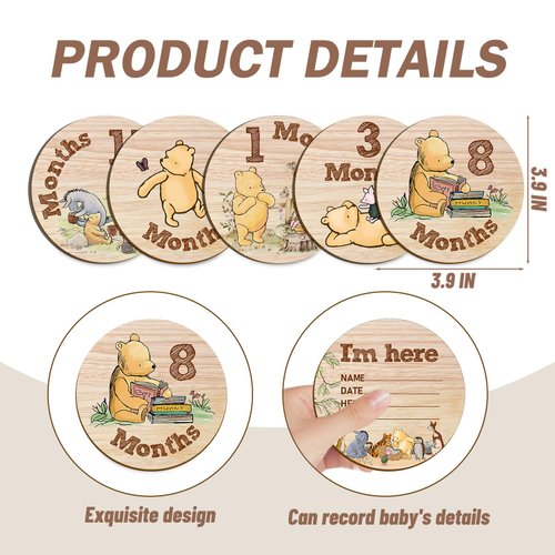 Hatzelou 7Pcs Baby Monthly Milestone Circles, Winnie The Pooh Baby Stuff, Double-Sided Printing Months Baby Milestone Wooden Keepsake, Milestone Wooden Circles Stuff for for Documenting Growth