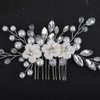 Teyglen Flower Bride Wedding Hair Comb Bridal Pearl Flower Hair Piece Silver Rhinestone Headpiece Crystal Side Comb Decorative Hair Accessories for Women Girls