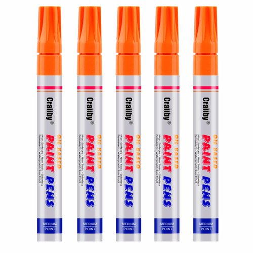 Orange Paint Markers, 5 Pack Oil-Based Waterproof Quick Dry Permanent Paint Pen Set for Rocks Painting, Wood, Fabric, Plastic, Canvas, Glass, Mugs, Metal, Tire, Stone, DIY Craft
