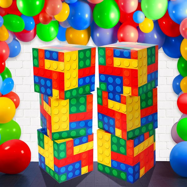 Outus 6 Pieces Building Block Party Boxes 11.8 Inch Halloween Trunk or Treat Car Decoration Building Block Theme Birthday Party Centerpieces Building Block Box Building Game Party Decorations