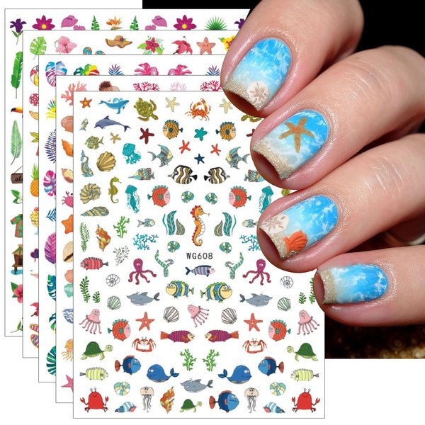 JMEOWIO 12 Sheets Summer Ocean Nail Art Stickers Decals Self-Adhesive Pegatinas Uñas Fish Beach Turtle Whale Nail Supplies Nail Art Design Decoration Accessories