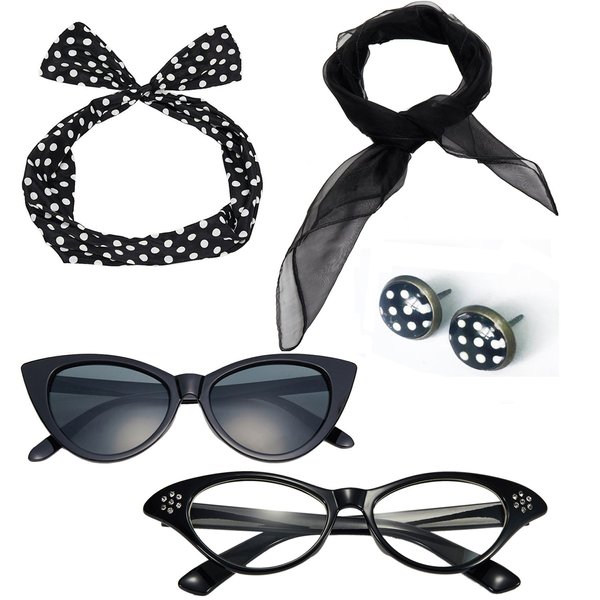 qnprt 50's Costume Accessories Set Chiffon Scarf Cat Eye Glasses Bandana Tie Headband and Earrings (OneSize, Black)