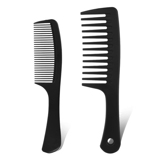 2Pcs Hair Combs, Wide Tooth Comb and Fine Teeth Comb Anti Static Heat Resistant Hair Hairstyle Tool for Hairdressing, Curly Wet Wavy Thick Hair, Wigs, Barber, Salon, Women Men (Black)