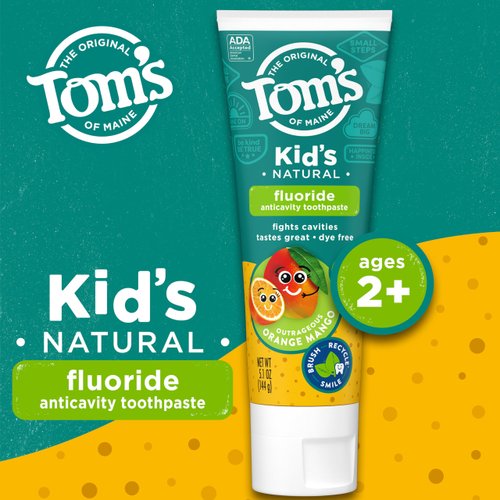 Tom's of Maine ADA Approved Fluoride Children's Toothpaste, Natural Toothpaste, Dye Free, No Artificial Preservatives, Outrageous Orange Mango, 5.1 oz. 3-Pack (Packaging May Vary)