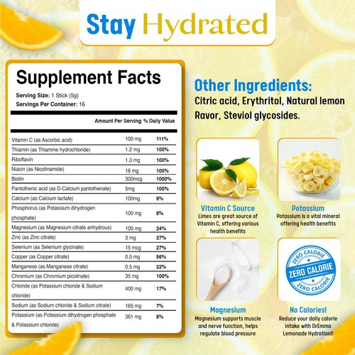 DrEmma - Electrolytes Powder - Hydration Packets - Energy Drink, No Sugar, Lime-Lemonade, Hydration Powder, Drink Mix, Flavored Water Packets, Fasting, Sugar Free, Zero Calories (16 Hydration Sticks)
