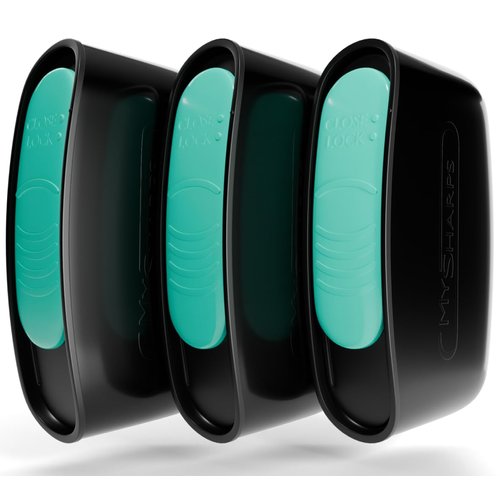 MySharps - 3-Pack Original Pocket Sharps Container for Diabetic Pen Needles & Test Strips | Compact & Portable | Small Sharps Containers for Home Use & Travel | Safe Bio-Hazard Lock | Black/Green