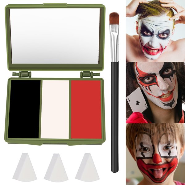 Clown Black White Red Face Paint,Professional 3 in1 Body Paint With 3 Brush Halloween Makeup Kit Face Paint Clown Cosplay Costume Joker SFX Zombie Face Painting White Makeup