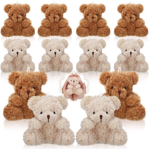 Sotiff 12 Pcs Mini Bear Plush Stuffed 4 Inch Small Fuzzy Bear Bulk Animal Doll Keychains Decor Operation Christmas Party Favor for Baby Shower Wedding Birthday Supplies(Brown, Apricot)