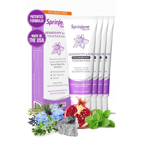 Sprinjene Fluoride Free Toothpaste for Sensitive Teeth & Gum - All Natural Toothpaste Fluoride Free Toothpaste Adult, SLS Free, Non Fluoride Toothpaste Adult - 4 Pack Patented Toothpaste Floride-Free