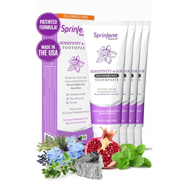 Sprinjene Fluoride Free Toothpaste for Sensitive Teeth & Gum - All Natural Toothpaste Fluoride Free Toothpaste Adult, SLS Free, Non Fluoride Toothpaste Adult - 4 Pack Patented Toothpaste Floride-Free