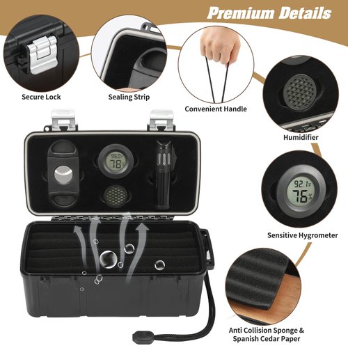 PLAYWITH Travel Cigar Humidor Box Case With Cigar Accessories Cigar Lighter &Spanish Cedar &Humidifier Cigar Cutter & Electronic Hygrometer Separate Accessory Storage Space Can Hold 13-15 Cigars