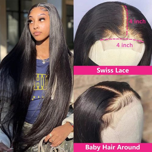 JUBOTIN 28 Inch HD Straight Lace Front Wigs Human Hair Pre Plucked 4x4 Straight Closure Wigs Human Hair 180% Density Closure Lace Front Brazilian Hair Wigs Straight Human Hair for Black Women
