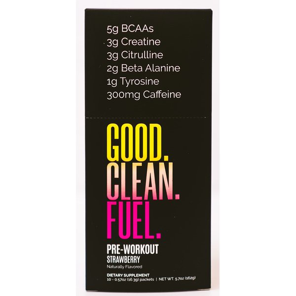 Good Clean Fuel Pre-Workout | Caffeine | BCAAs | Beta Alanine | Creatine | Tyrosine | Citrulline | No Sugar or Artificial Sweeteners | Strawberry Flavor | 10 Stick Packs