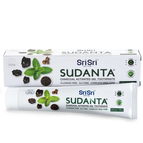 Sri Sri TATTVA Sudanta Activated Charcoal Toothpaste Gel for Teeth Whitening, Healthy Gums and Fresh Breath - All Natural Fluoride Free Toothpaste for Oral Care Without Causing Sensitivity (100g)