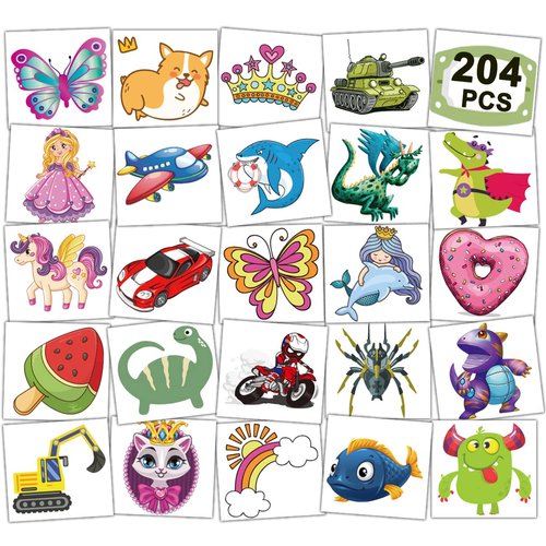 CHARLENT 204 PCS Individually Wrapped Temporary Tattoos for Kids - Fun Tattoos for Boys Girls Birthday Party Favors Goodie Bag Fillers
