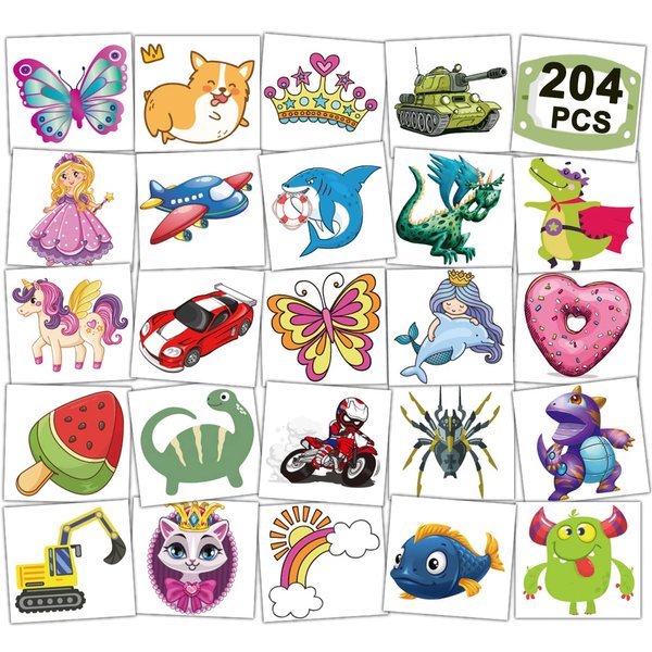 CHARLENT 204 PCS Individually Wrapped Temporary Tattoos for Kids - Fun Tattoos for Boys Girls Birthday Party Favors Goodie Bag Fillers