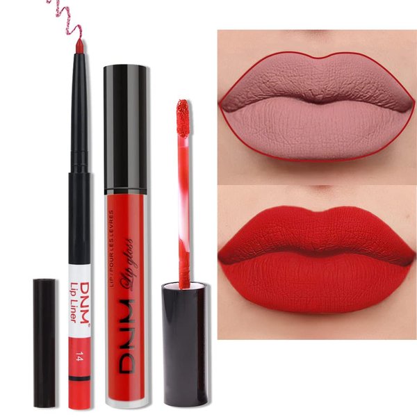 HAOYA 2Pcs Matte Ruby Red Lip Liner and Lipstick Makeup Set, Matte Liquid Lipstick 24H and with Lip Liner Set Kit Waterproof Long Lasting labiales mate 24 horas originales matte larga duracion 24#14