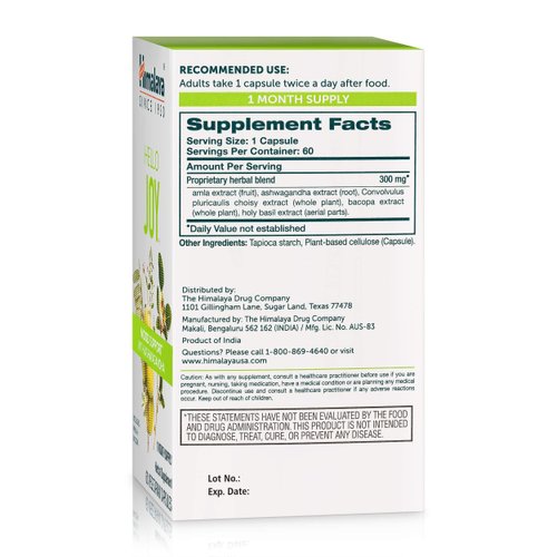 Himalaya Hello Joy Herbal Supplement, with Ashwagandha, Amla, Bacopa, Holy Basil/Tulsi, Positive Outlook, Supports Motivation, Stress Relief, Balanced Cortisol, Non-GMO, Vegan, 60 Capsules