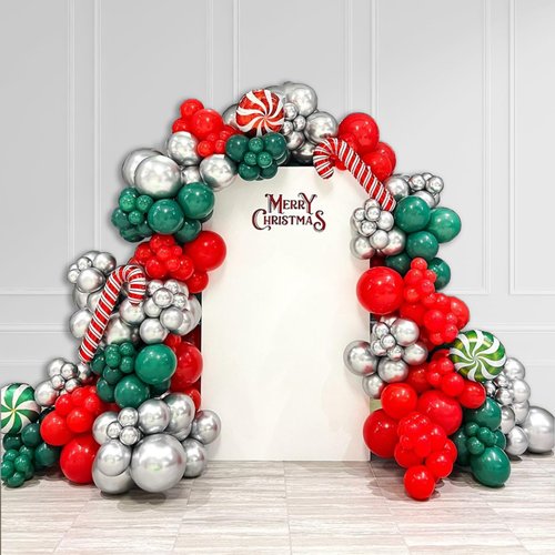 Christmas Balloon Garland Arch Kit 140pcs with Red Green Silver Balloons Candy Cane Balloons Swirl Candy Foil Balloons for Christmas Party Decorations Party Supplies