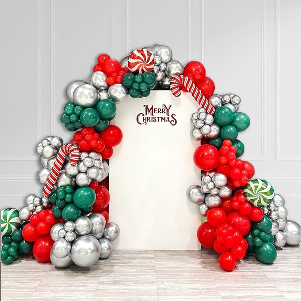 Christmas Balloon Garland Arch Kit 140pcs with Red Green Silver Balloons Candy Cane Balloons Swirl Candy Foil Balloons for Christmas Party Decorations Party Supplies