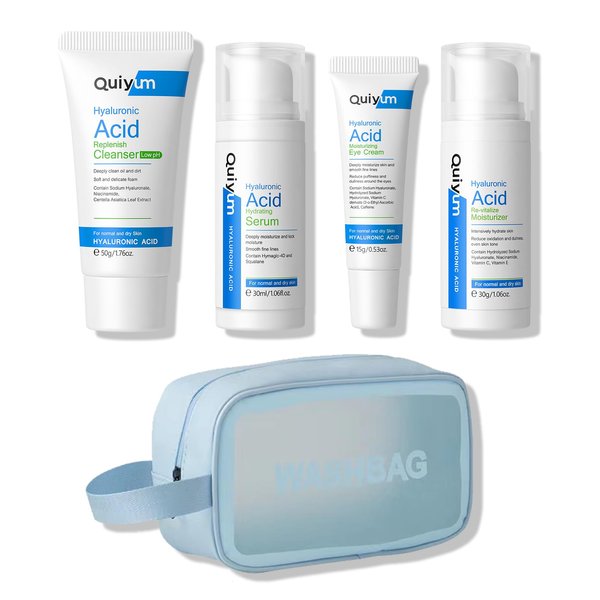 QUIYUM Hydrating Skin Care Set, Gift Set W/ Hyaluronic Acid Low pH Cleanser, Moisturizer, Serum, Eye Cream, Toiletry Bag, Anti Aging Face Care Set, Travel Size Skin Care Set for Women Girls, Dry Skin