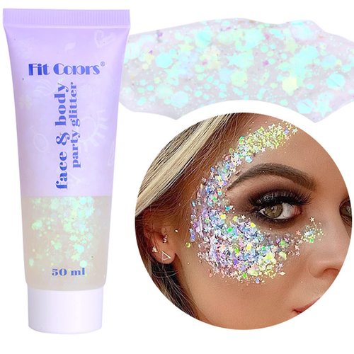 Paminify White Face Glitter Gel,Mardi Gras Singer Concerts Festival Rave Accessories,Mermaid Body Glitter,Carnival Halloween Hair Sequins Face Glitter Paint Makeup,Sparkling Chunky for Women,50ML